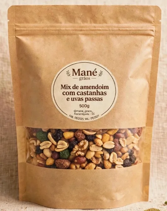 Pacote kraft da Mané Grãos com janela transparente: Mix de amendoim com castanhas e uvas passas, 500 g
